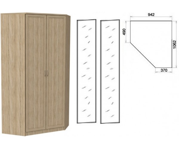 Несимметричный угловой шкаф со штангой и полками 403+2 зеркала 3100 дуб сонома